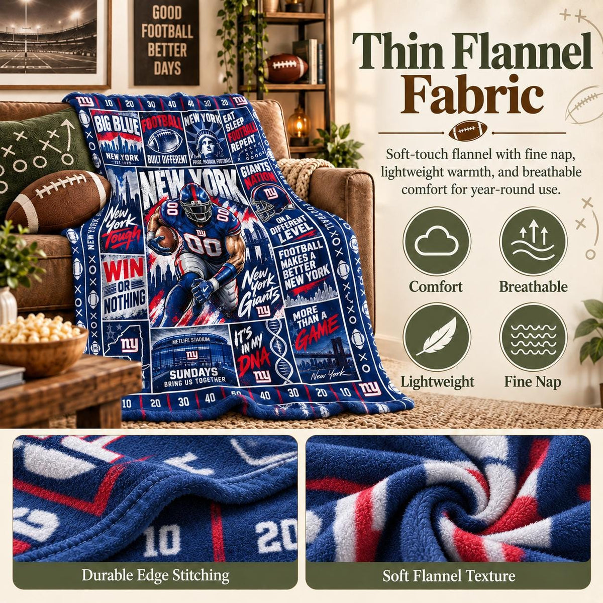 City Pride Football Fan Blanket Soft Throw Flannel Fleece Skyline Stadium Gift for Him Her