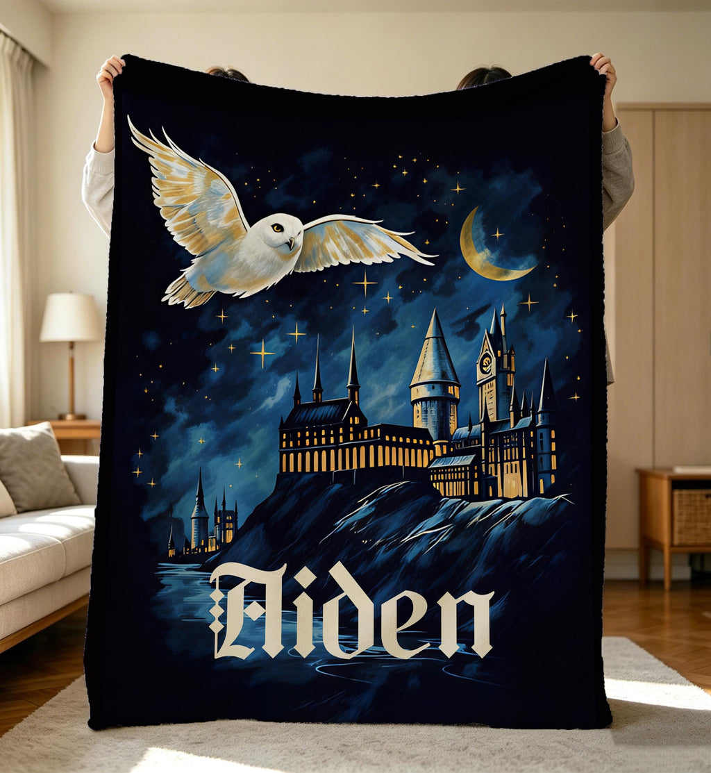 Personalization Wizard Blanket with Name,Custom Name Flannel Throw Blanket,Magic Castle Throw Blanket,Fantasy Name Gift,Cozy Kids Room Decor