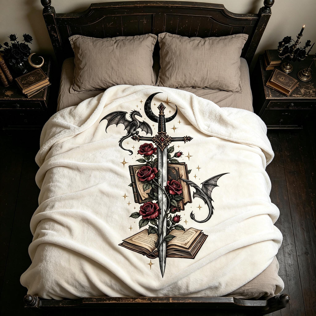 Fourth Wing Dragon Sword Floral Blanket, Dark Academia Throw, Gothic Fantasy Cozy Plush, Bookish Home Decor, Gift for Her, Soft Fall Fleece