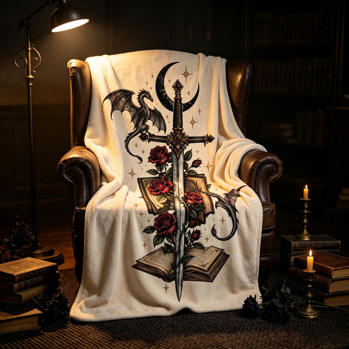 Fourth Wing Dragon Sword Floral Blanket, Dark Academia Throw, Gothic Fantasy Cozy Plush, Bookish Home Decor, Gift for Her, Soft Fall Fleece
