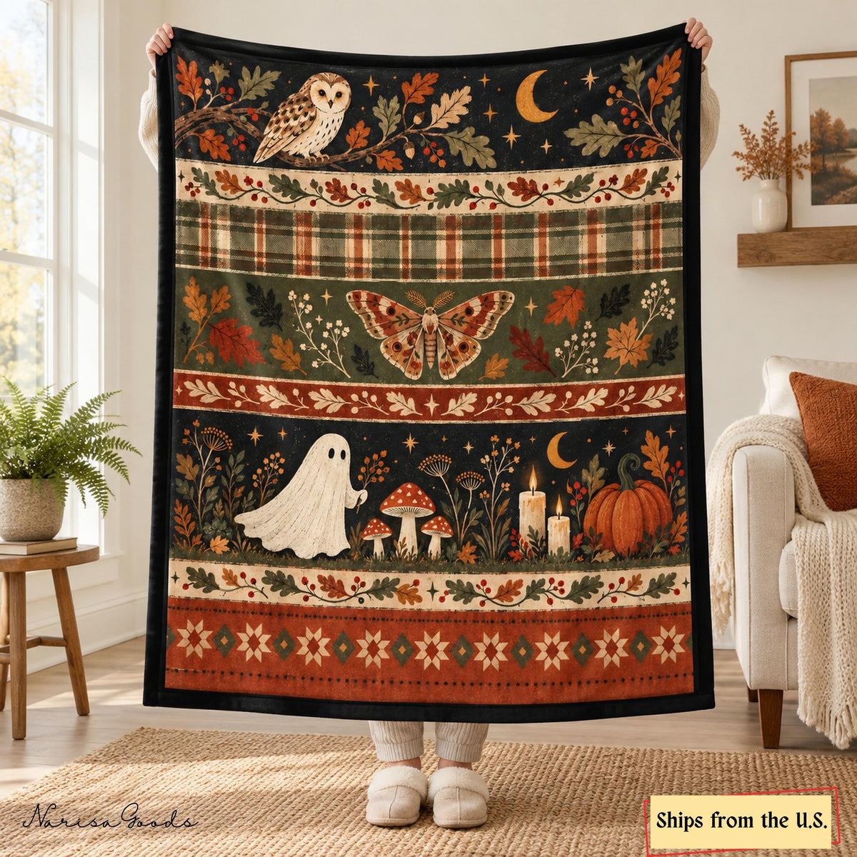 Cottagecore Halloween Flannel Blanket, Ghost and Mushroom Print, Owl and Moth Fall Throw, Vintage Plaid Woodland Decor