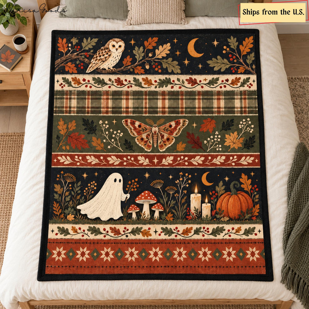 Cottagecore Halloween Flannel Blanket, Ghost and Mushroom Print, Owl and Moth Fall Throw, Vintage Plaid Woodland Decor