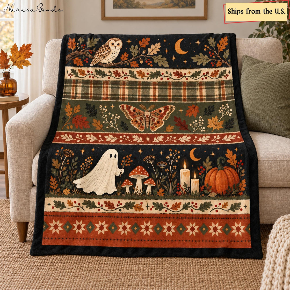 Cottagecore Halloween Flannel Blanket, Ghost and Mushroom Print, Owl and Moth Fall Throw, Vintage Plaid Woodland Decor