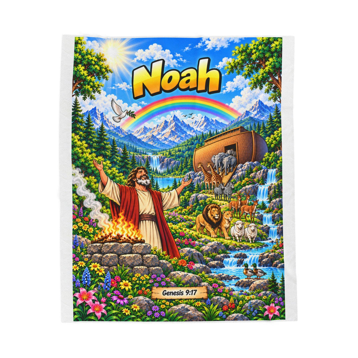 Noah's Ark Scene Velveteen Plush Blanket | Biblical Genesis 9:17 Rainbow