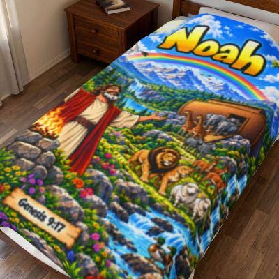 Noah's Ark Scene Velveteen Plush Blanket | Biblical Genesis 9:17 Rainbow