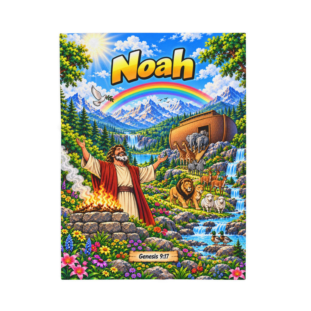 Noah's Ark Scene Velveteen Plush Blanket | Biblical Genesis 9:17 Rainbow