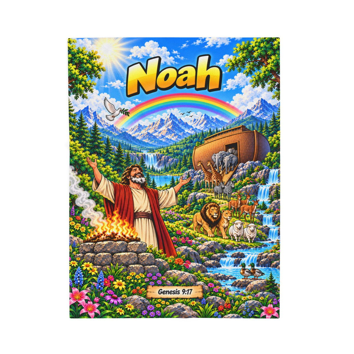 Noah's Ark Scene Velveteen Plush Blanket | Biblical Genesis 9:17 Rainbow