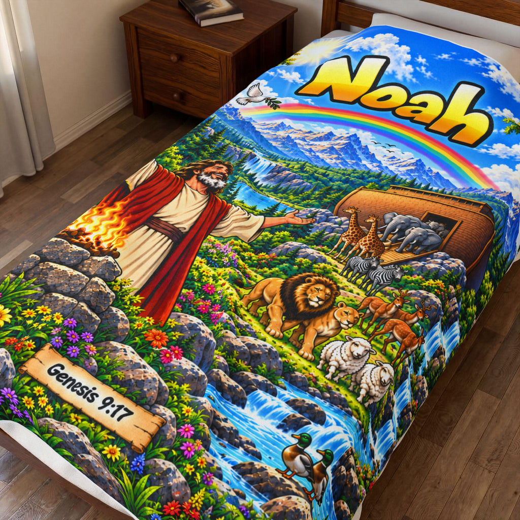 Noah's Ark Scene Velveteen Plush Blanket | Biblical Genesis 9:17 Rainbow