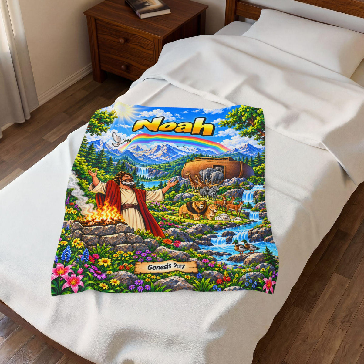 Noah's Ark Scene Velveteen Plush Blanket | Biblical Genesis 9:17 Rainbow