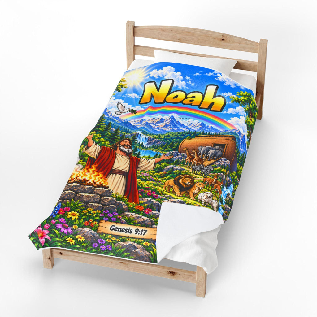 Noah's Ark Scene Velveteen Plush Blanket | Biblical Genesis 9:17 Rainbow