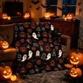 Halloween Pumpkin Blanket, Ghost and Tombstone Throw, Spooky Season Flannel, Cozy Fall Decor, Gift for Her, Soft Fleece Blanket