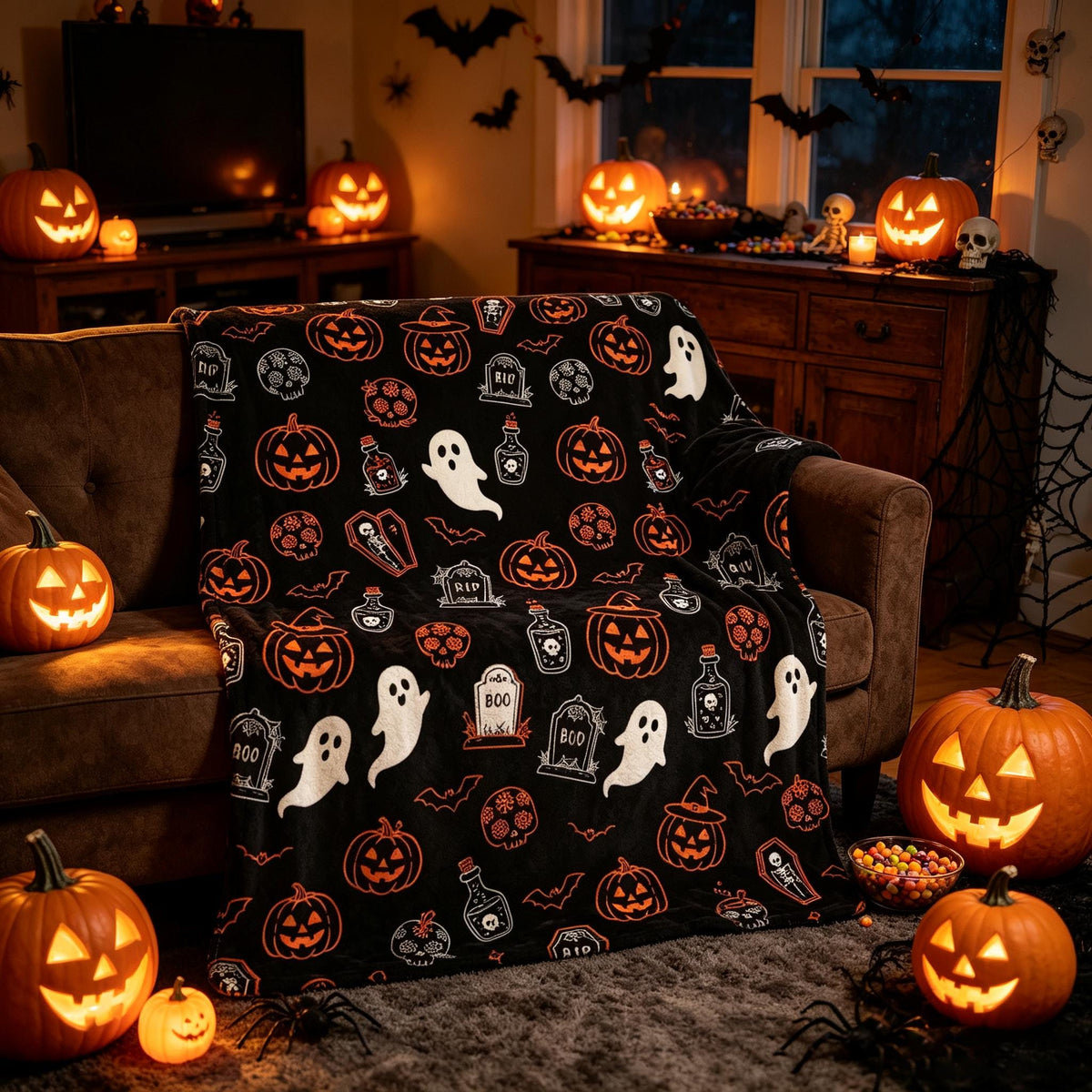 Halloween Pumpkin Blanket, Ghost and Tombstone Throw, Spooky Season Flannel, Cozy Fall Decor, Gift for Her, Soft Fleece Blanket