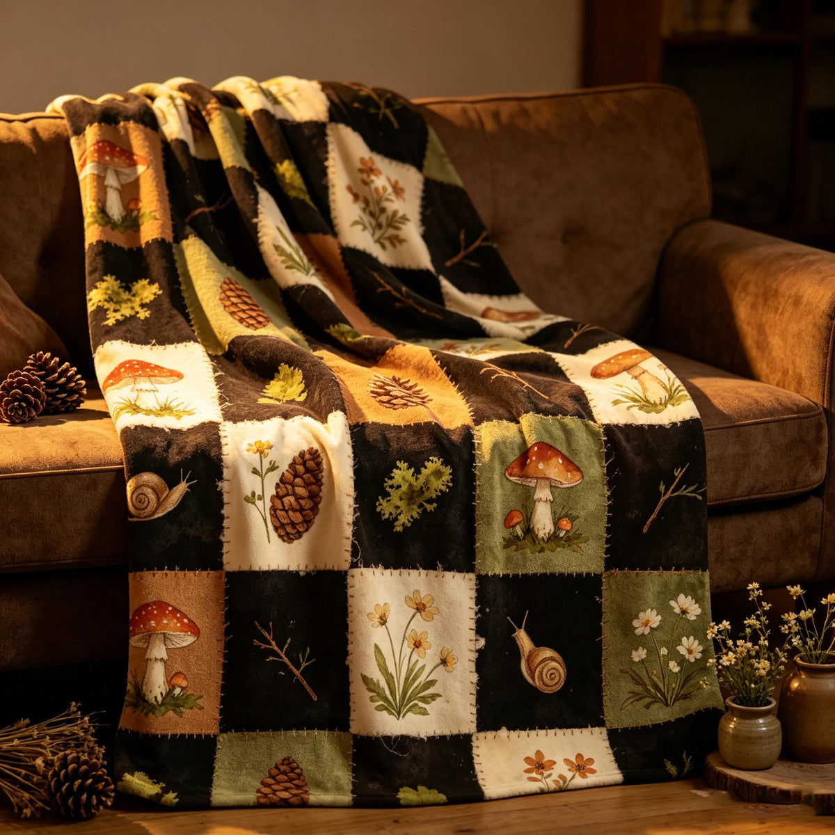 Vintage Forest Blanket, Watercolor Mushroom Throw, Patchwork Woodland Flannel, Cozy Home Decor, Gift for Her Nature Lover