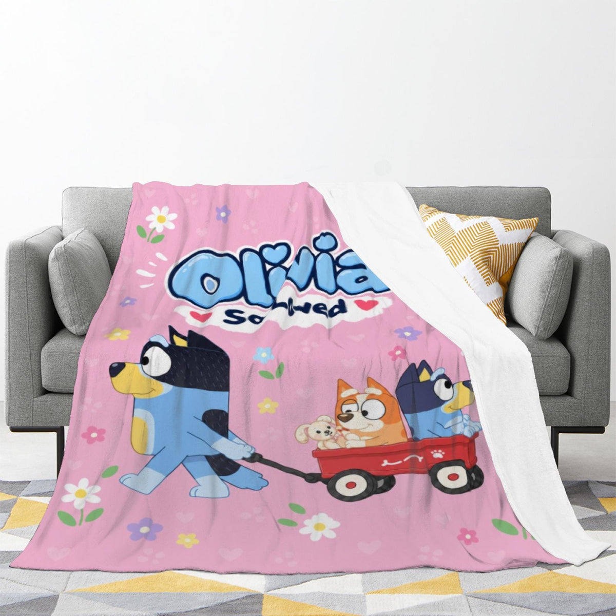 Personalized Kids Blanket Custom Name Throw Blanket Cartoon Character Fleece Blanket Cute Toddler Gift Baby Girl Room Decor