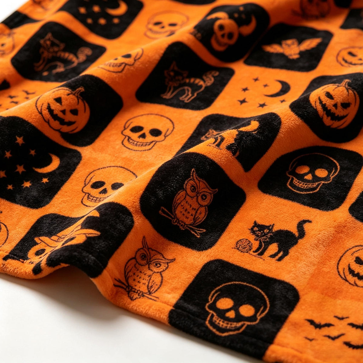 Vintage Halloween Throw, Spooky Pumpkin Blanket, Cat Owl Flannel, Cozy October Decor, Gift for Halloween Host