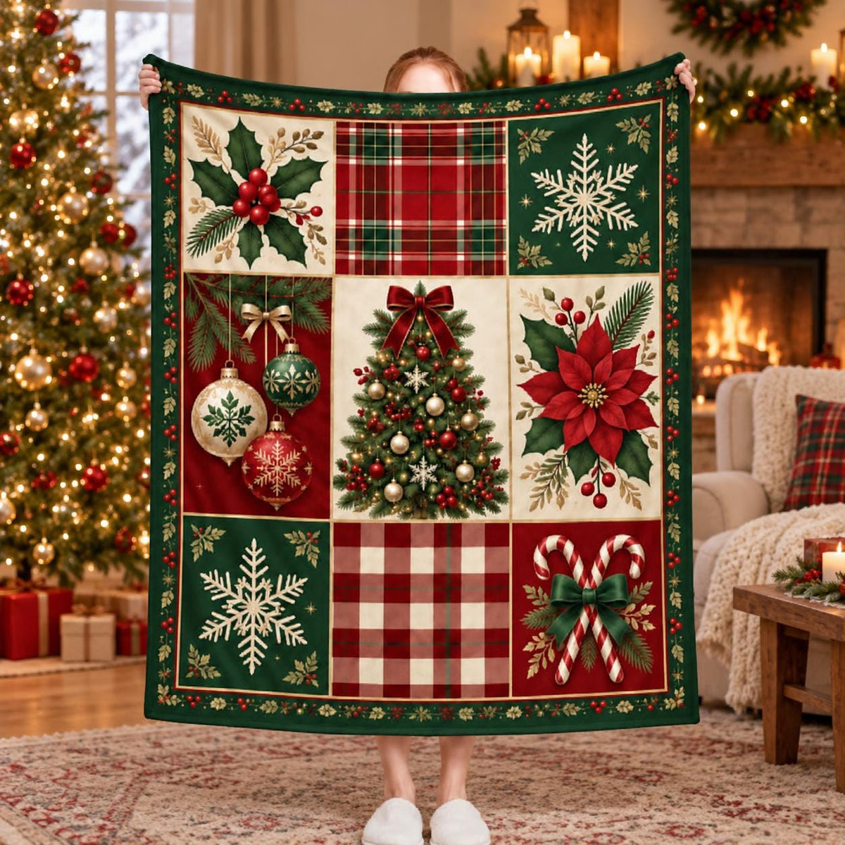 Vintage Christmas Throw Blanket, Plaid Holiday Fleece Quilt, Christmas Tree Home Decor, Festive Winter Blanket, Xmas Gift For Family