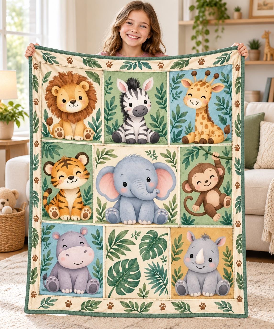 Cute Safari Animals Nursery Throw Blanket, Baby Jungle Animal Fleece Quilt, Kids Room Decor, Gender Neutral Baby Shower Gift For Newborn