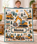 Personalized Construction Blanket for Boys, Custom Kids Name Fleece Throw, Cute Excavator Truck Decor, Birthday Gift for Toddler Boys