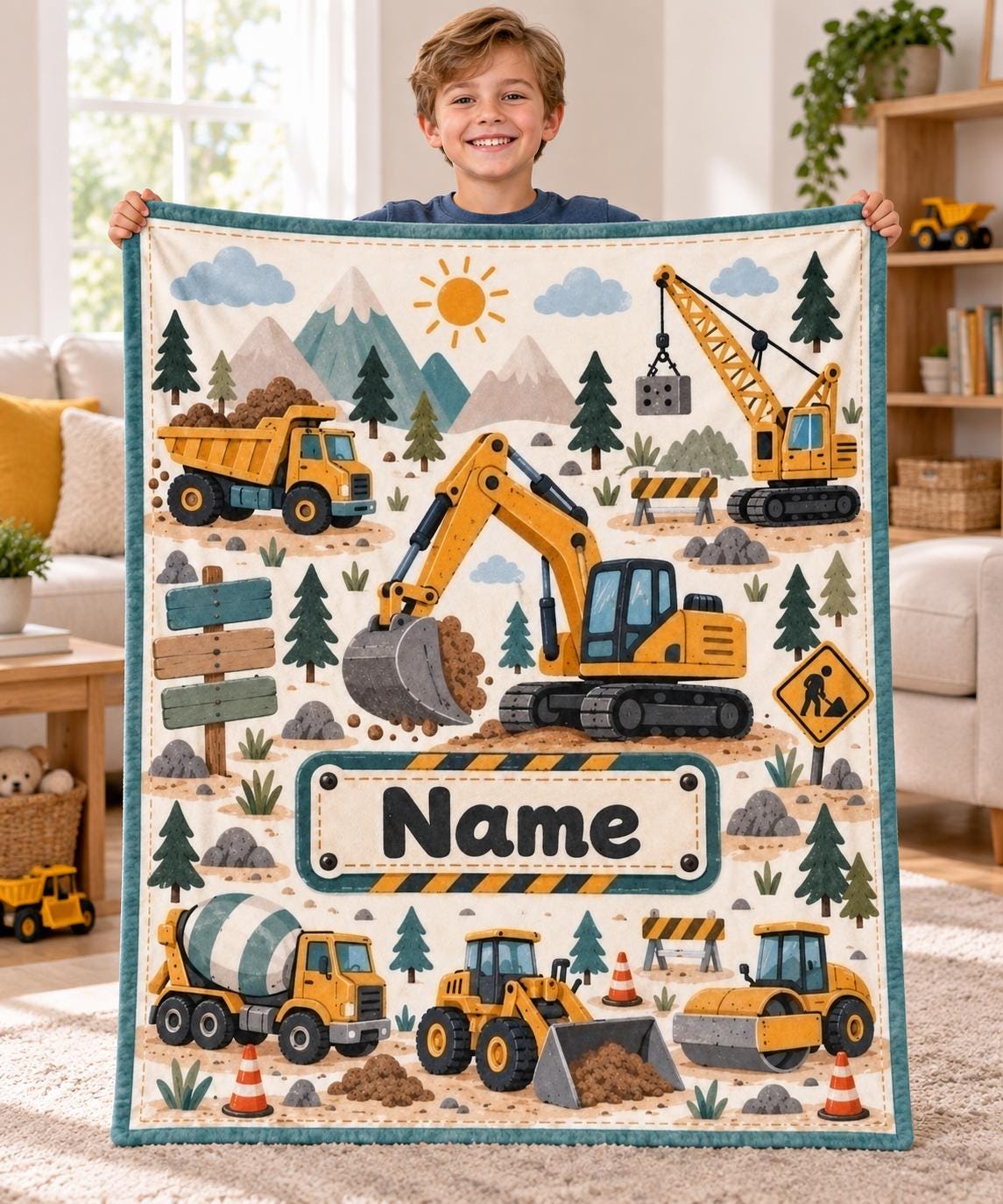 Personalized Construction Blanket for Boys, Custom Kids Name Fleece Throw, Cute Excavator Truck Decor, Birthday Gift for Toddler Boys