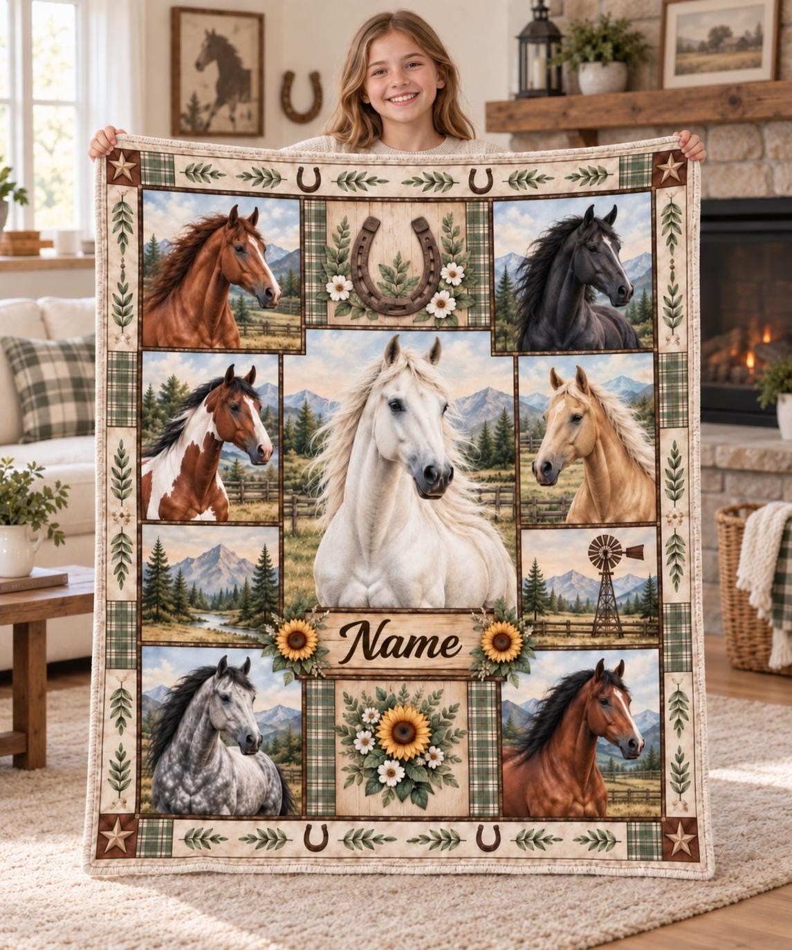 Personalized Horse Blanket for Girls, Custom Name Western Fleece Quilt, Vintage Country Horse Decor, Birthday Gift for Horse Lovers