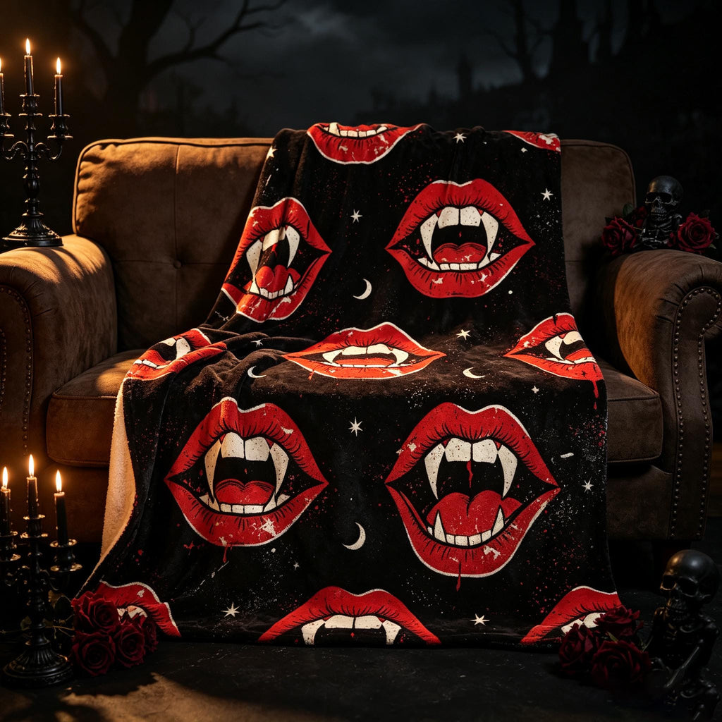 Vampire Lips Blanket, Gothic Red Flannel Throw, Spooky Season Decor, Cozy Fall Blanket, Gift for Dark Aesthetic Fan