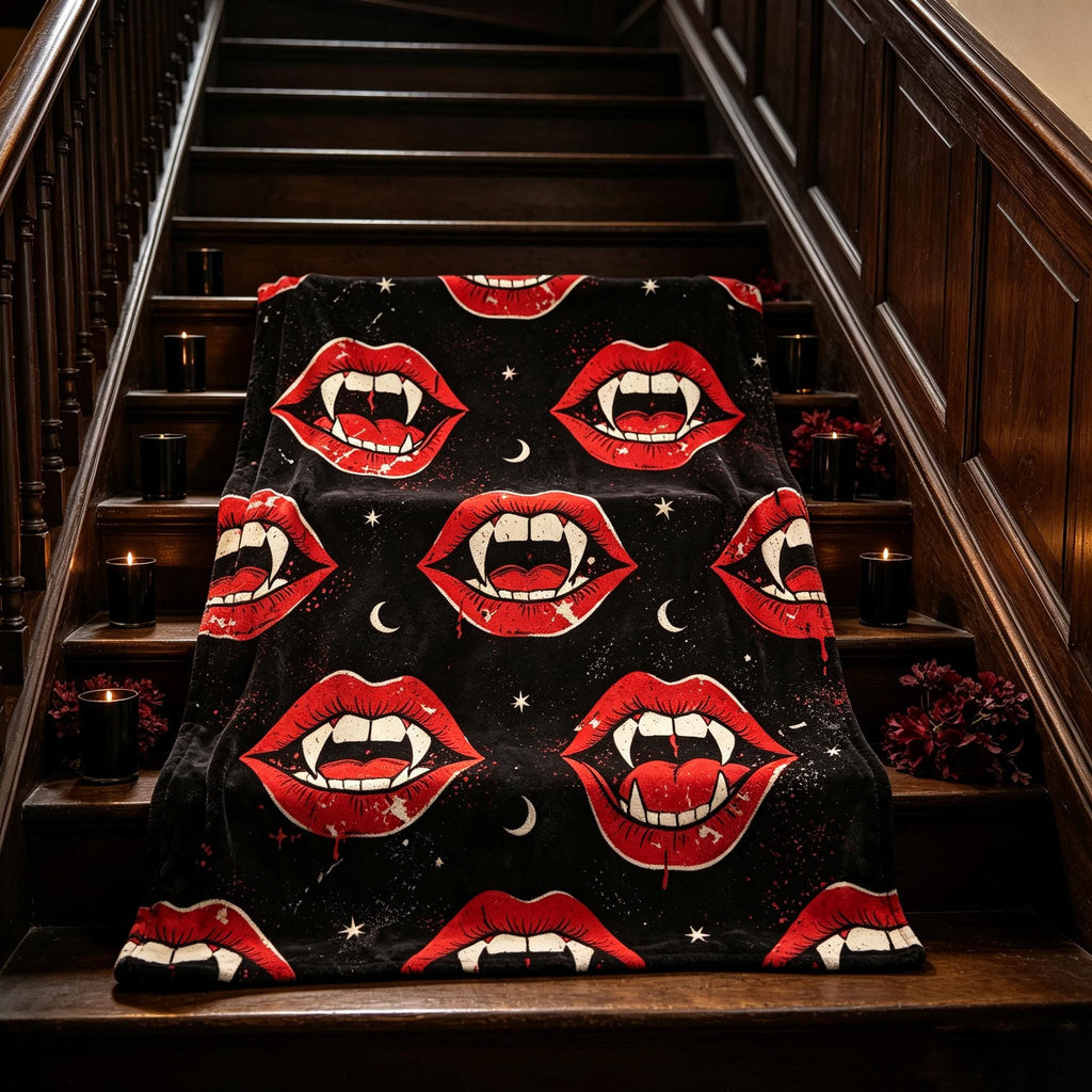 Vampire Lips Blanket, Gothic Red Flannel Throw, Spooky Season Decor, Cozy Fall Blanket, Gift for Dark Aesthetic Fan