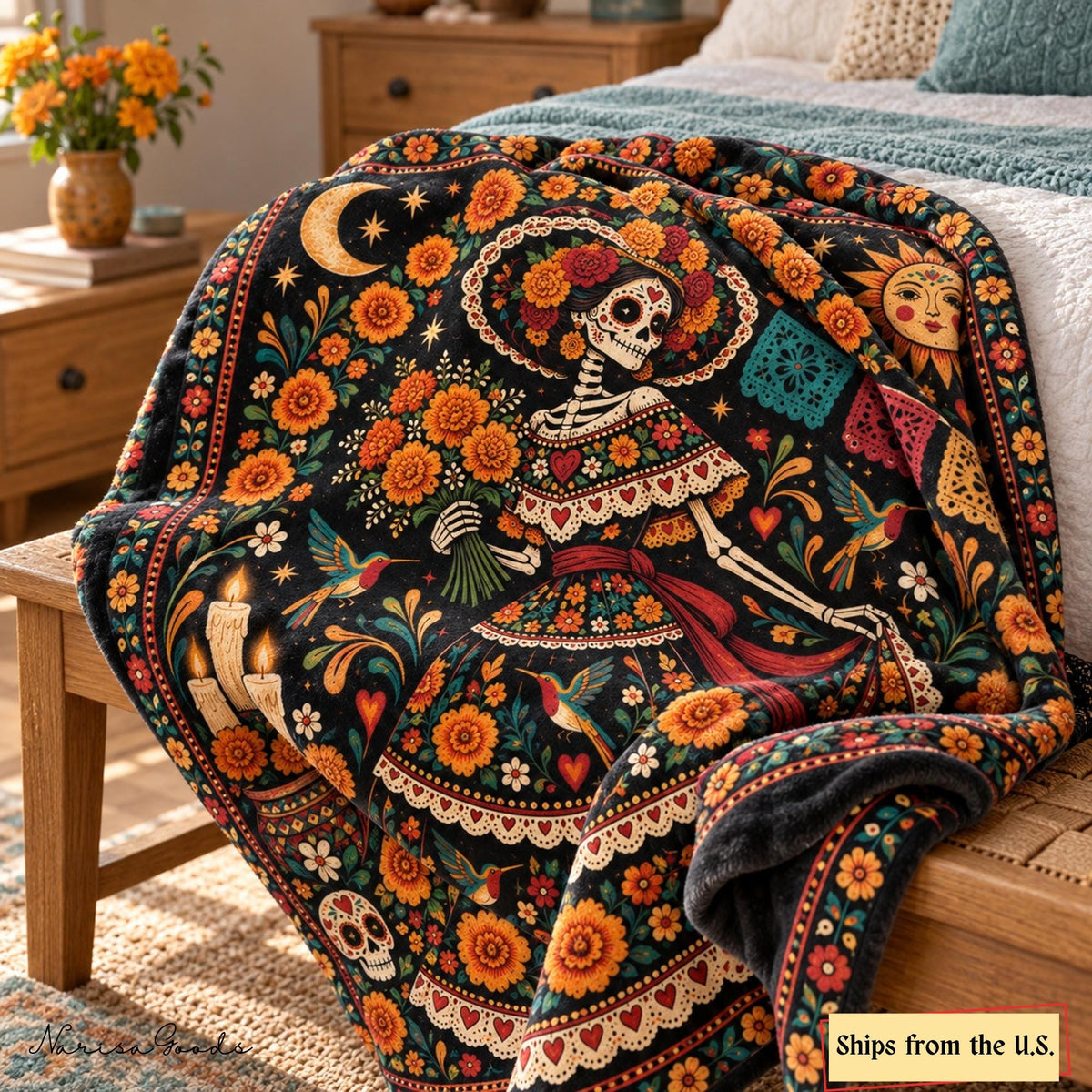 Day of the Dead Flannel Blanket, La Catrina with Marigolds and Hummingbirds, Sugar Skull Floral Throw, Mexican Folk Art