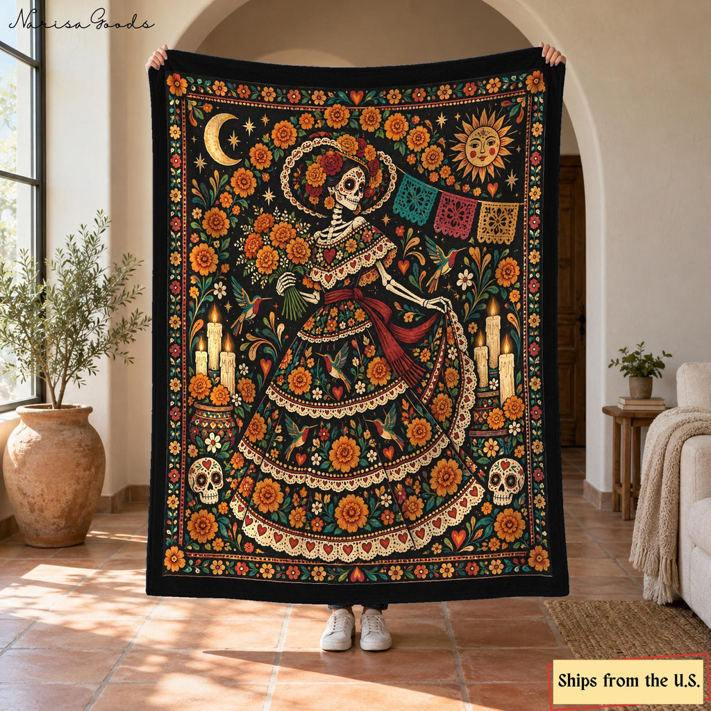 Day of the Dead Flannel Blanket, La Catrina with Marigolds and Hummingbirds, Sugar Skull Floral Throw, Mexican Folk Art