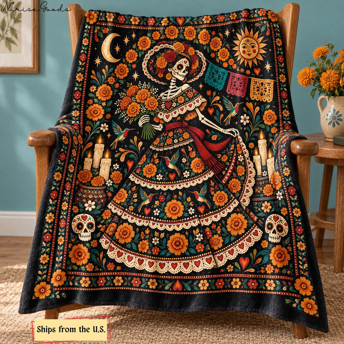 Day of the Dead Flannel Blanket, La Catrina with Marigolds and Hummingbirds, Sugar Skull Floral Throw, Mexican Folk Art