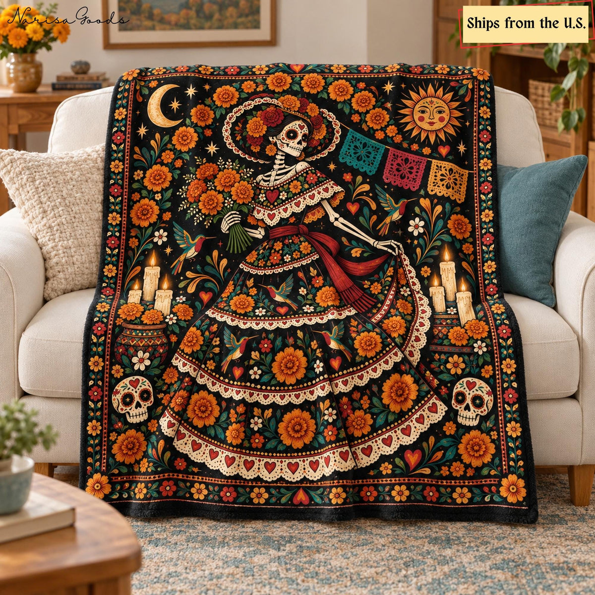 Day of the Dead Flannel Blanket, La Catrina with Marigolds and Hummingbirds, Sugar Skull Floral Throw, Mexican Folk Art