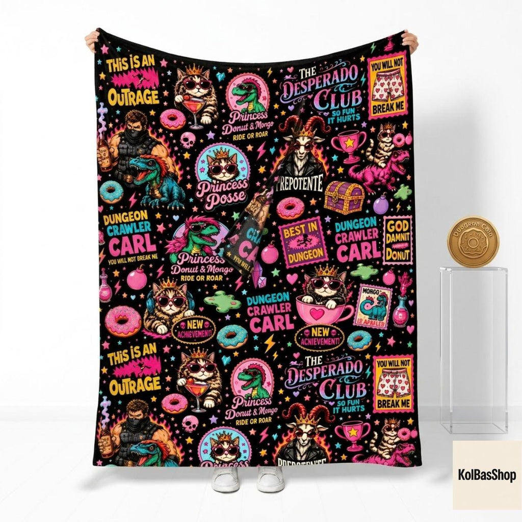 Dungeon Crawler Carl Blanket, LitRPG Fantasy Throw, This Is An Outrage Fleece Throw, Cozy Geeky Reader Couch Blanket, Plush Nerd Gift