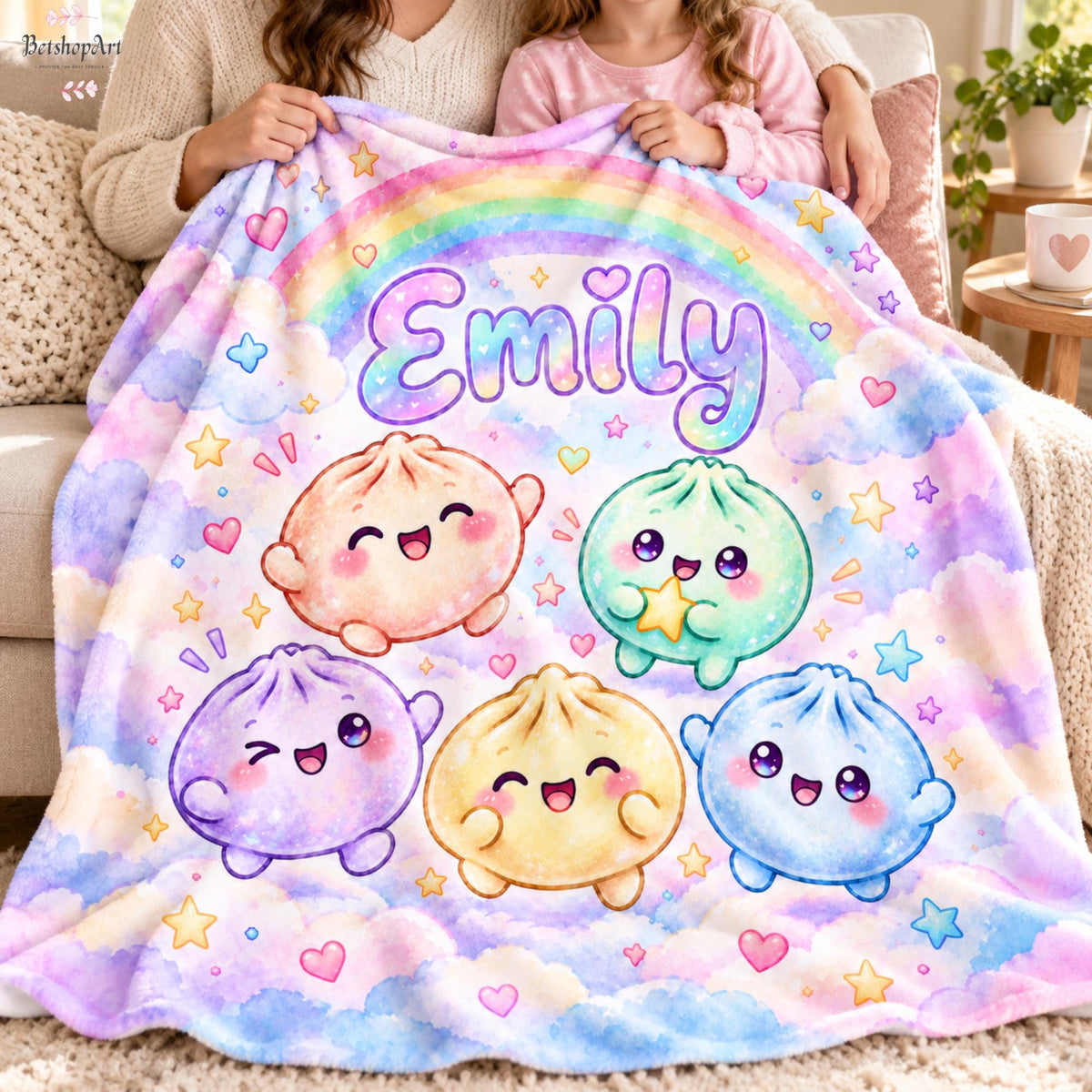 Personalized Kawaii Squishy Dumpling Blanket,Custom Name Rainbow Flannel Throw for Girls,Cute Bao Bun Kids Blanket, Pastel Nursery Decor