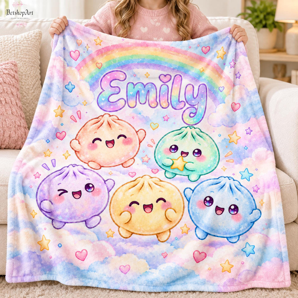 Personalized Kawaii Squishy Dumpling Blanket,Custom Name Rainbow Flannel Throw for Girls,Cute Bao Bun Kids Blanket, Pastel Nursery Decor