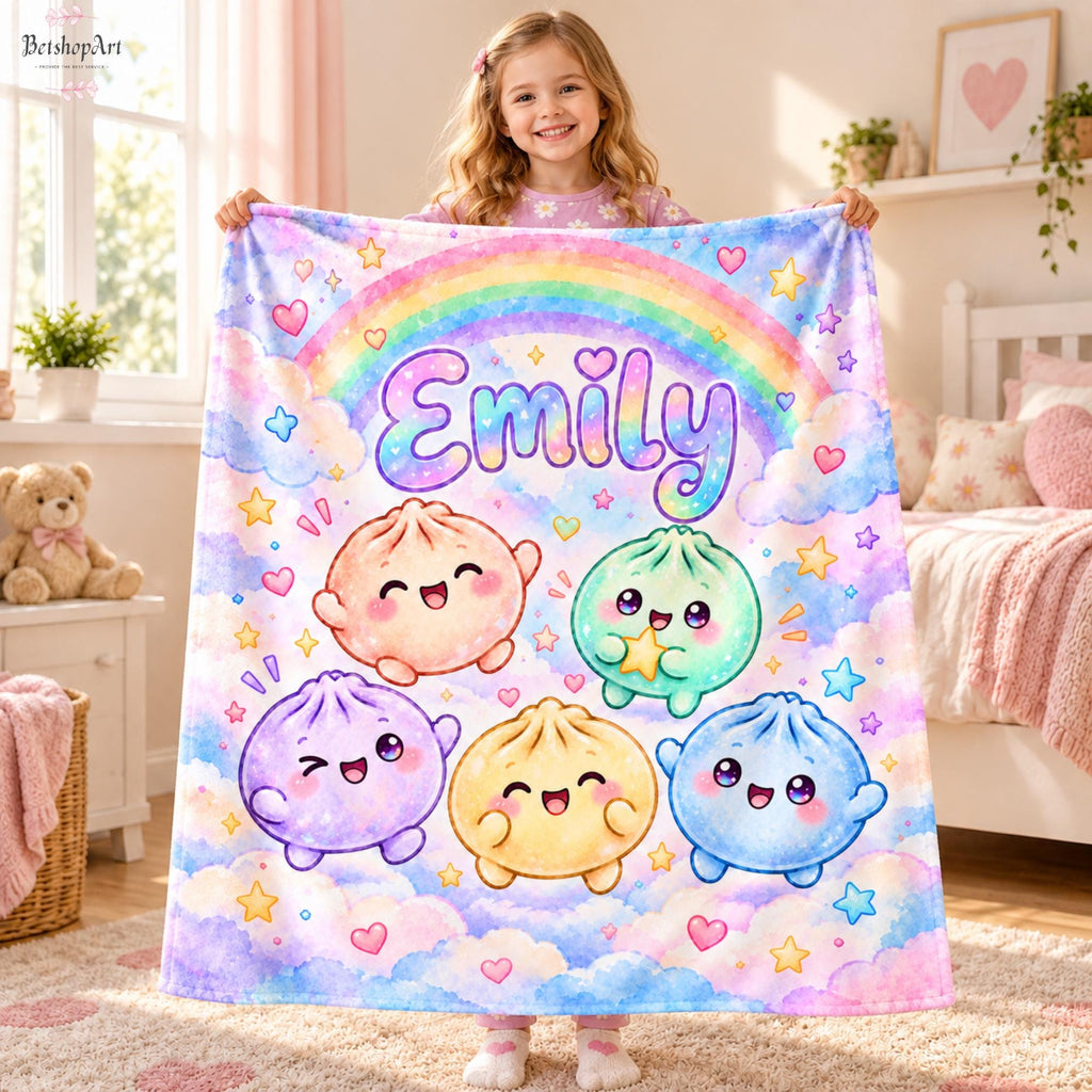 Personalized Kawaii Squishy Dumpling Blanket,Custom Name Rainbow Flannel Throw for Girls,Cute Bao Bun Kids Blanket, Pastel Nursery Decor