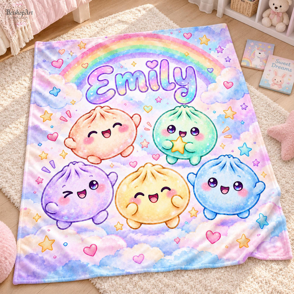 Personalized Kawaii Squishy Dumpling Blanket,Custom Name Rainbow Flannel Throw for Girls,Cute Bao Bun Kids Blanket, Pastel Nursery Decor