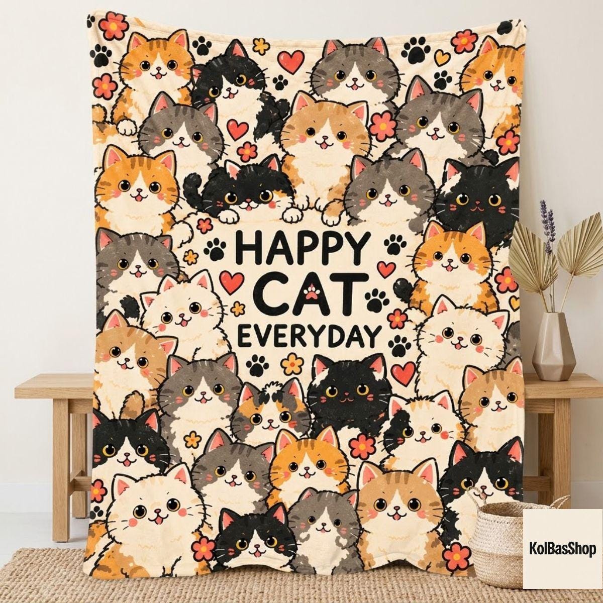Cute Cartoon Cats Fleece Throw, Cozy Cat Lover Gift for Cat Mom, Cozy Sofa Blanket, Colorful Kitty Bedroom Decor