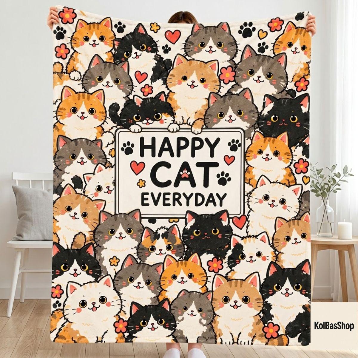 Cute Cartoon Cats Fleece Throw, Cozy Cat Lover Gift for Cat Mom, Cozy Sofa Blanket, Colorful Kitty Bedroom Decor
