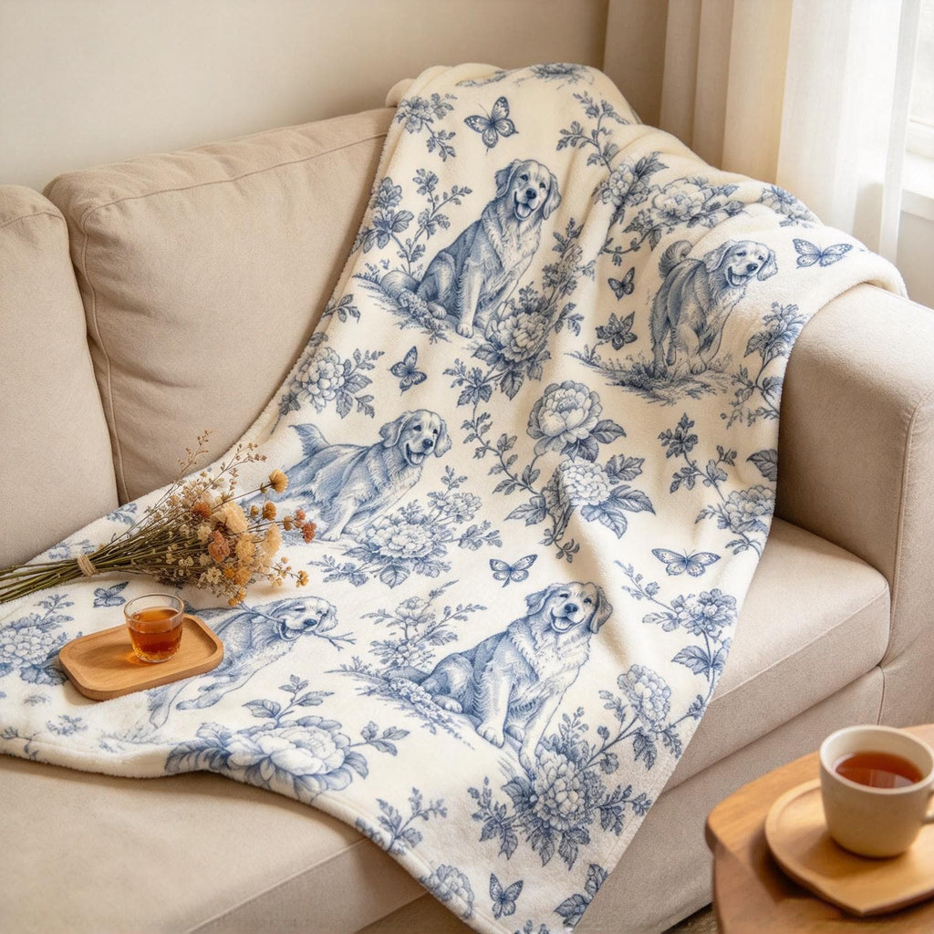 Golden Retriever Toile Blanket, Blue Floral Dog Throw, Vintage French Country Flannel, Cozy Pet Lover Gift, Soft Fall Blanket
