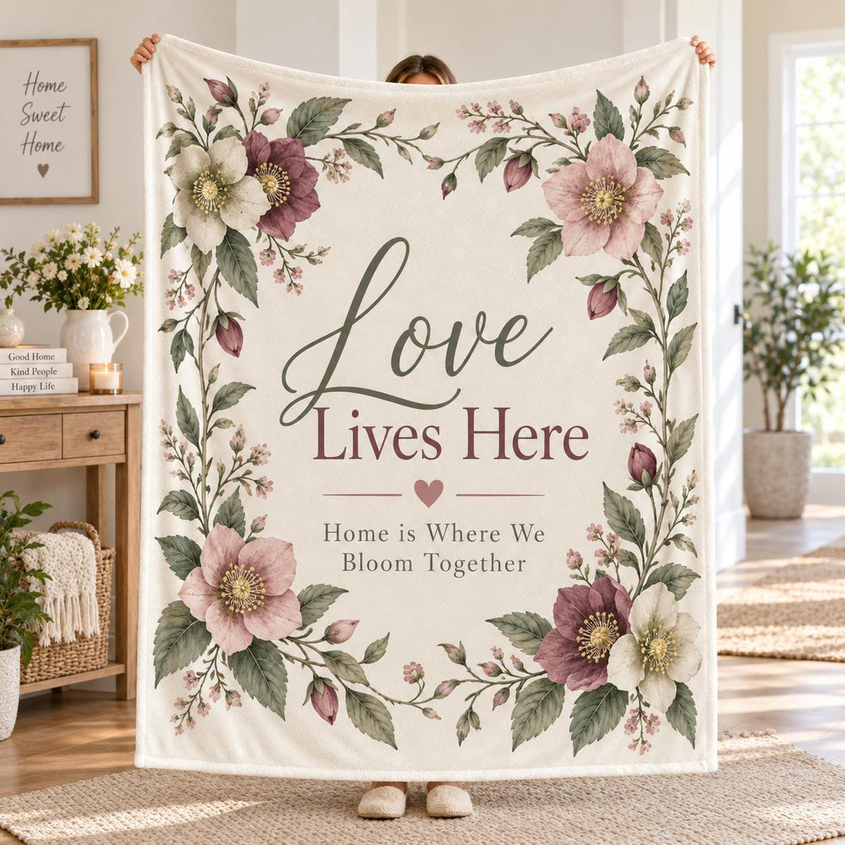 Floral Love Lives Here Throw Blanket, Cottagecore Home Quote Blanket, Romantic Botanical Blanket, Cozy Bedroom Decor, Floral Blanket