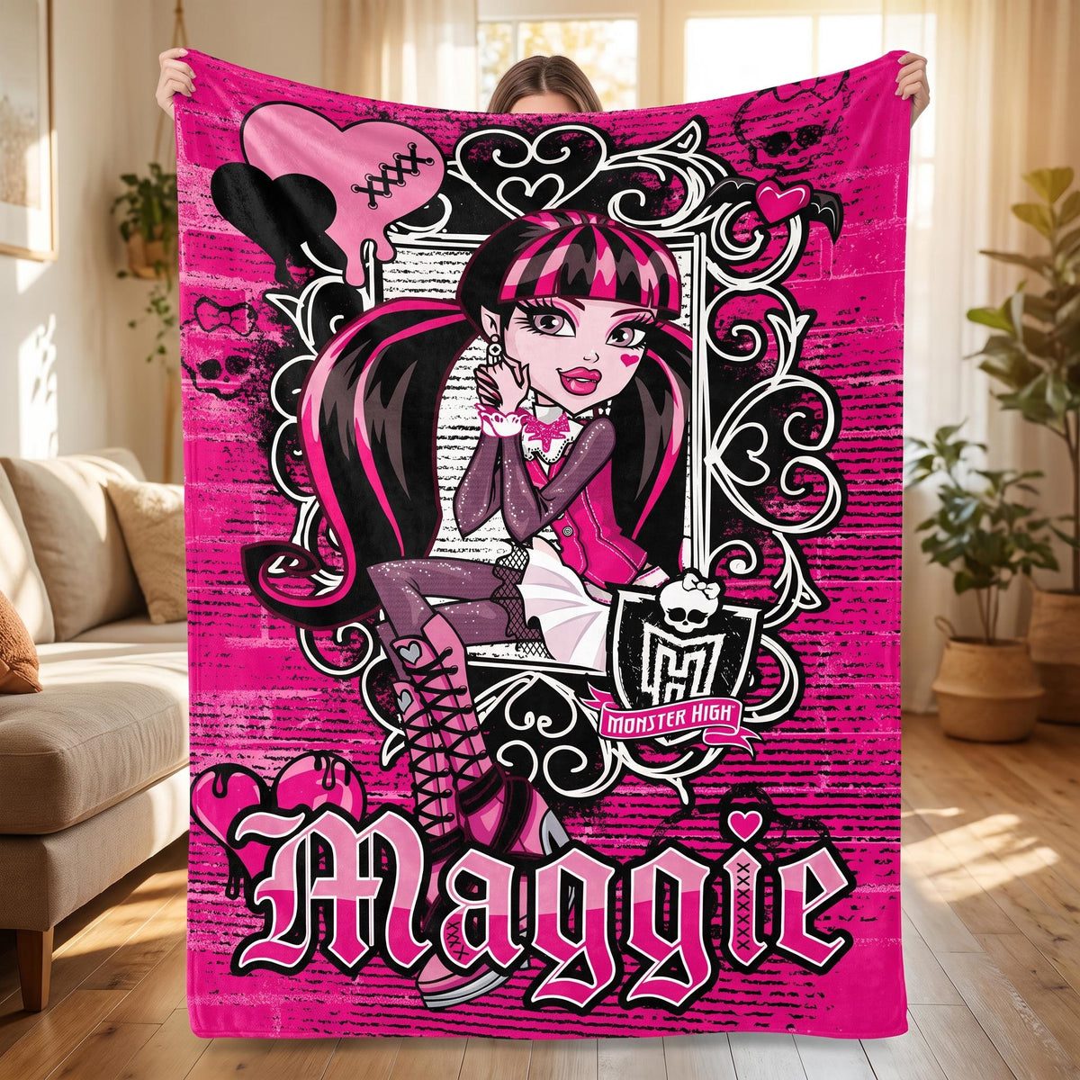 Personalized Spooky Cute Throw, Custom Name Gothic Vampire Blanket, Pink Punk Bedroom Decor, Creepy Kawaii Bedding, Emo Teen Room Gift