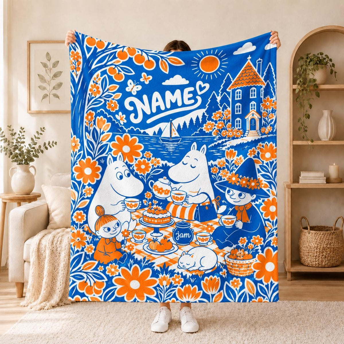 Kids & Adults Personalized Nordic Hippo Inspired Blanket Soft Throw | Custom Name Folk Floral Moomins Art
