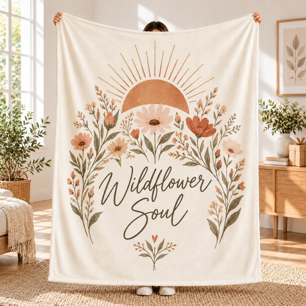 Wildflower Soul Blanket,Boho Floral Sun Throw Blanket,Cottagecore Botanical Fleece Blanket, Cozy Nature Inspired Gift, Hippie Bedroom Decor