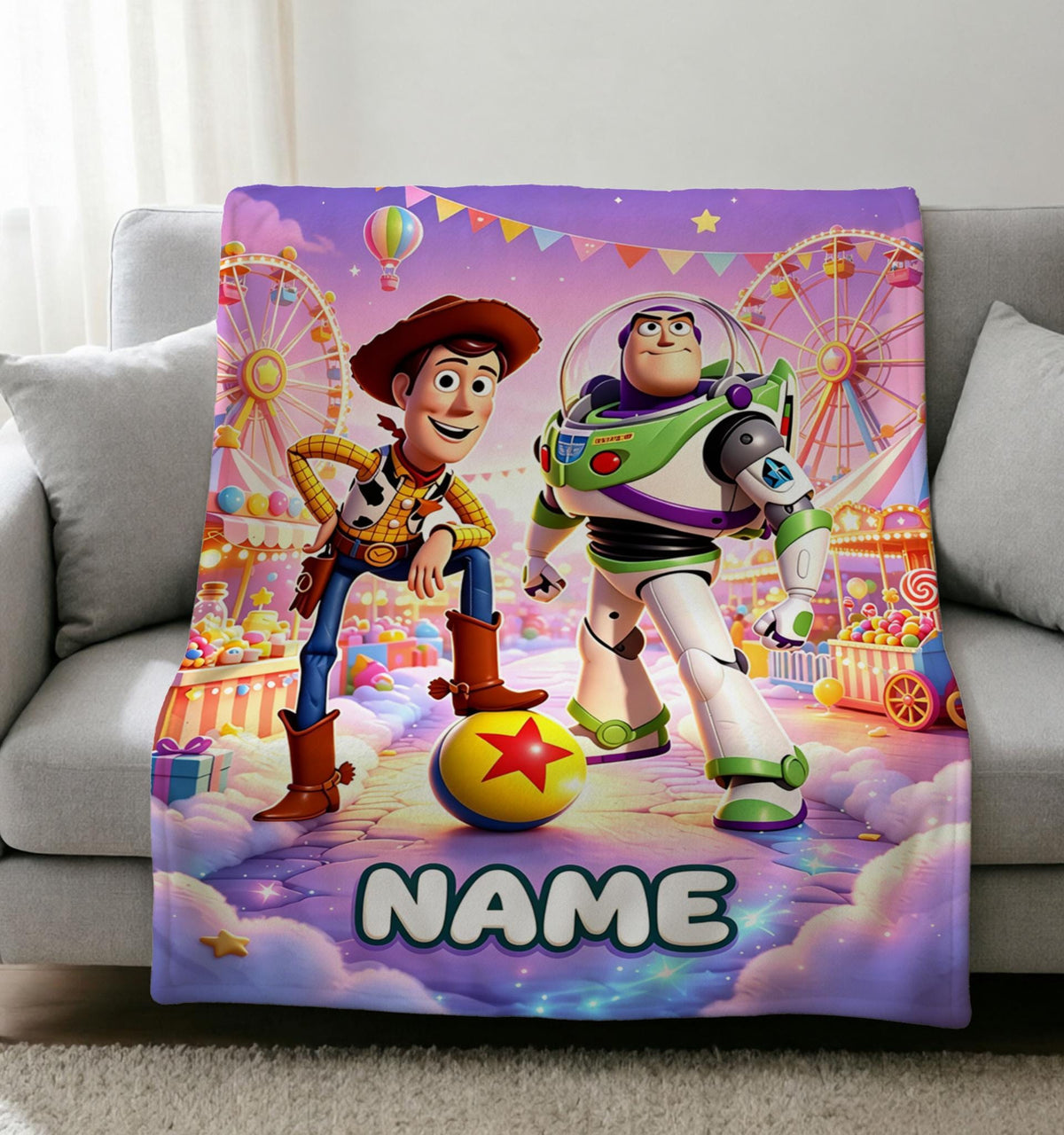 Personalized Toy Story Fleece Throw, Custom Name Carnival Print, Soft Plush Blanket