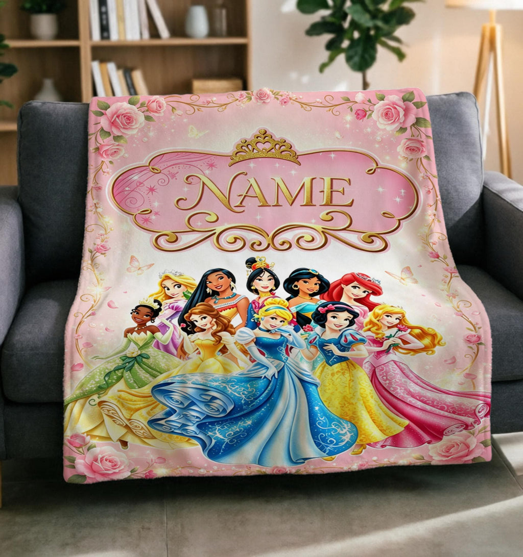 Floral Princess Crew Blanket Soft Throw, Custom Name Printed Cover For Little Girls
