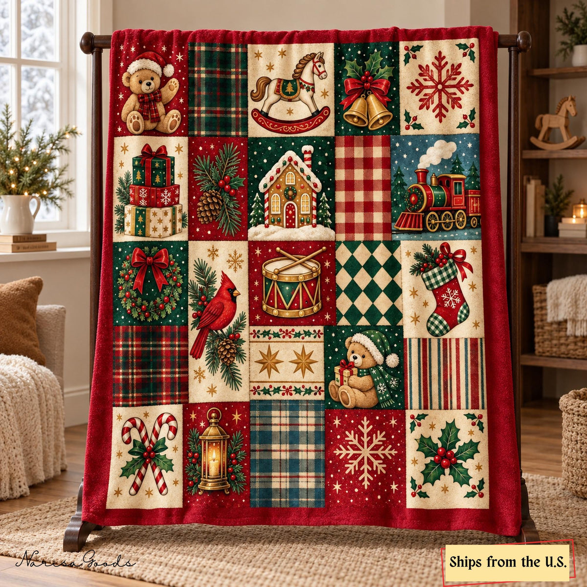 Vintage Christmas Flannel Blanket, Teddy Bear and Toy Train Patchwork Print, Red and Green Plaid Throw, Cozy Holiday Decor