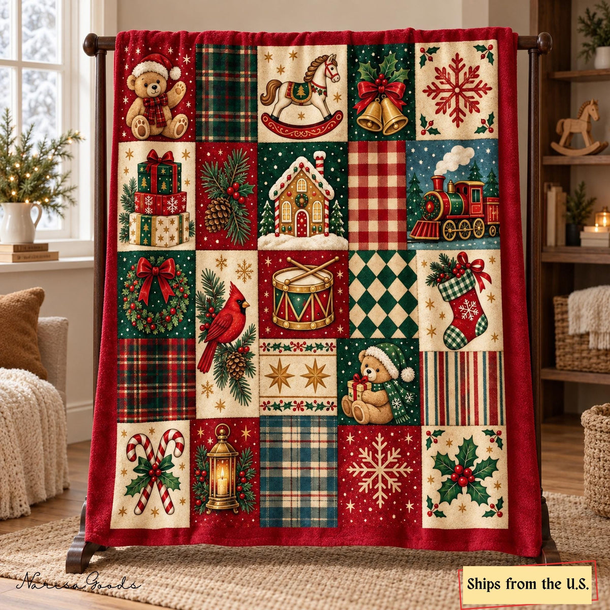 Vintage Christmas Flannel Blanket, Teddy Bear and Toy Train Patchwork Print, Red and Green Plaid Throw, Cozy Holiday Decor
