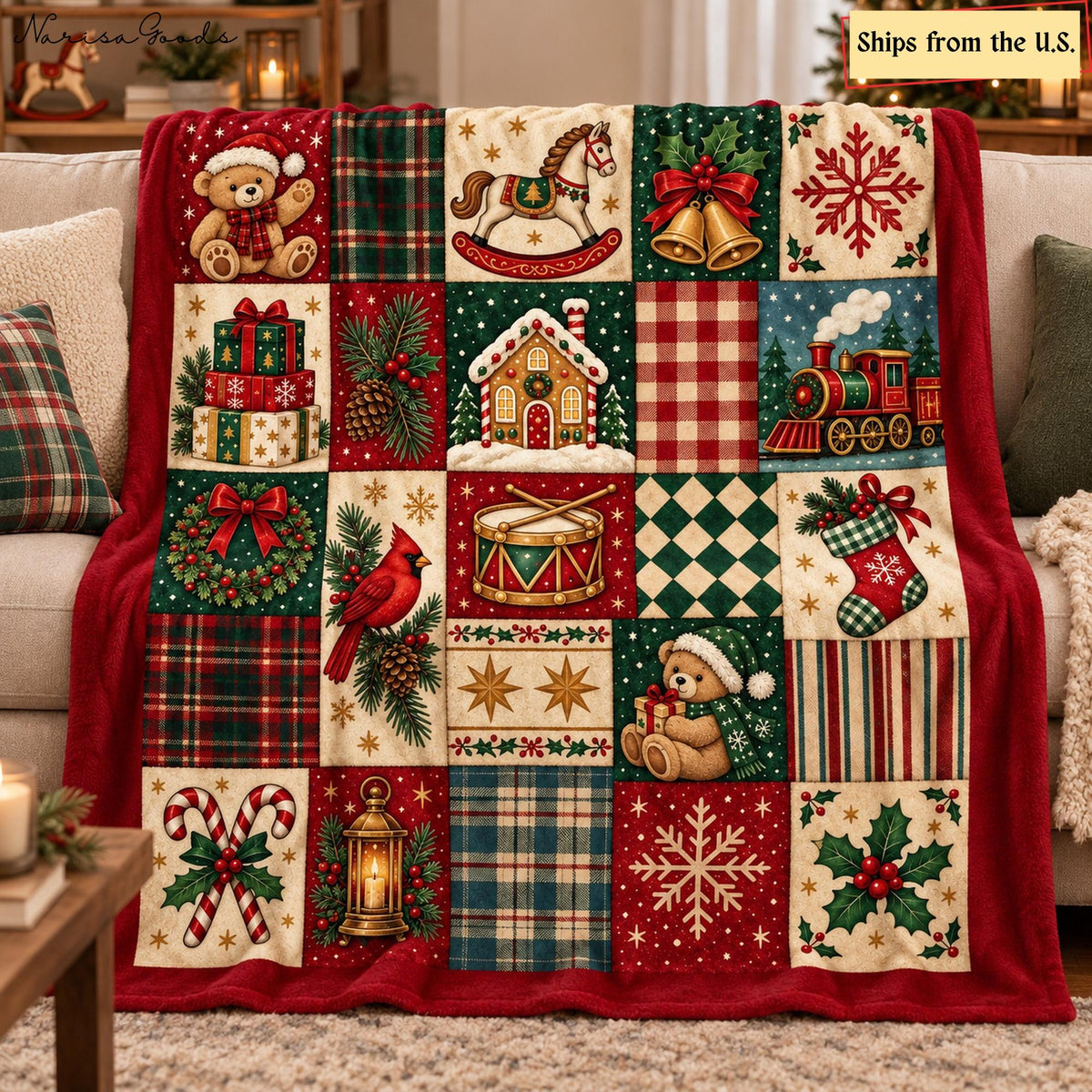 Vintage Christmas Flannel Blanket, Teddy Bear and Toy Train Patchwork Print, Red and Green Plaid Throw, Cozy Holiday Decor