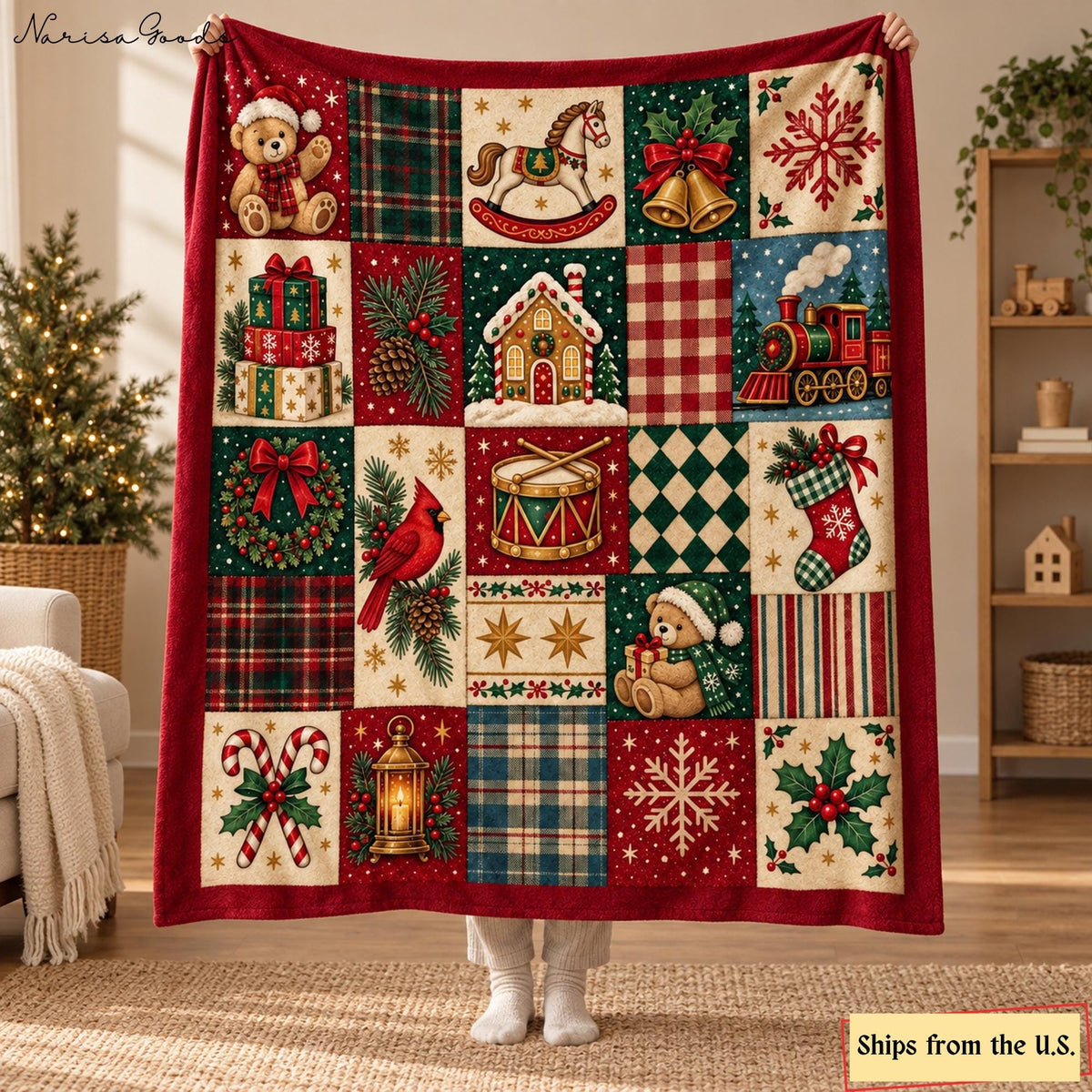 Vintage Christmas Flannel Blanket, Teddy Bear and Toy Train Patchwork Print, Red and Green Plaid Throw, Cozy Holiday Decor