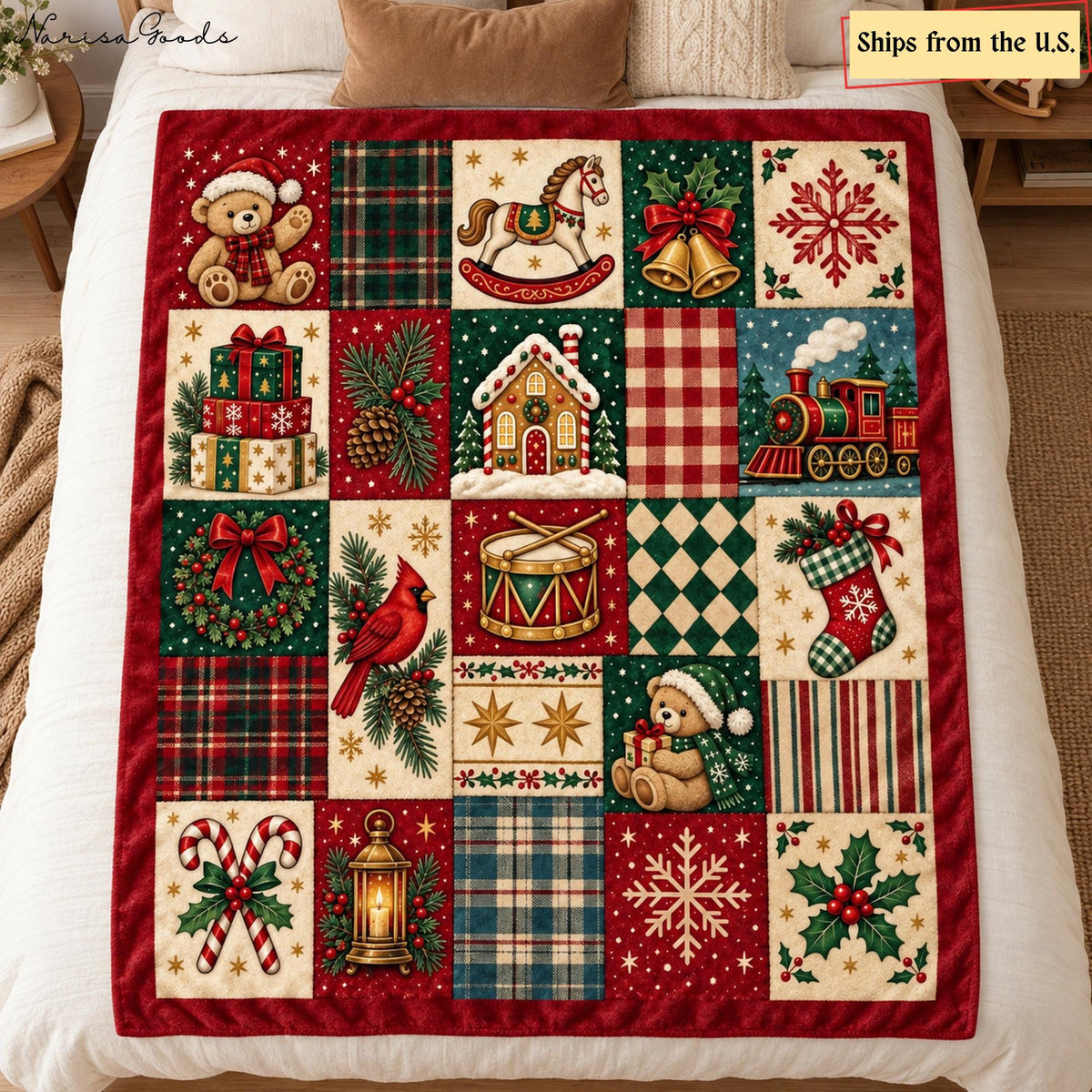 Vintage Christmas Flannel Blanket, Teddy Bear and Toy Train Patchwork Print, Red and Green Plaid Throw, Cozy Holiday Decor