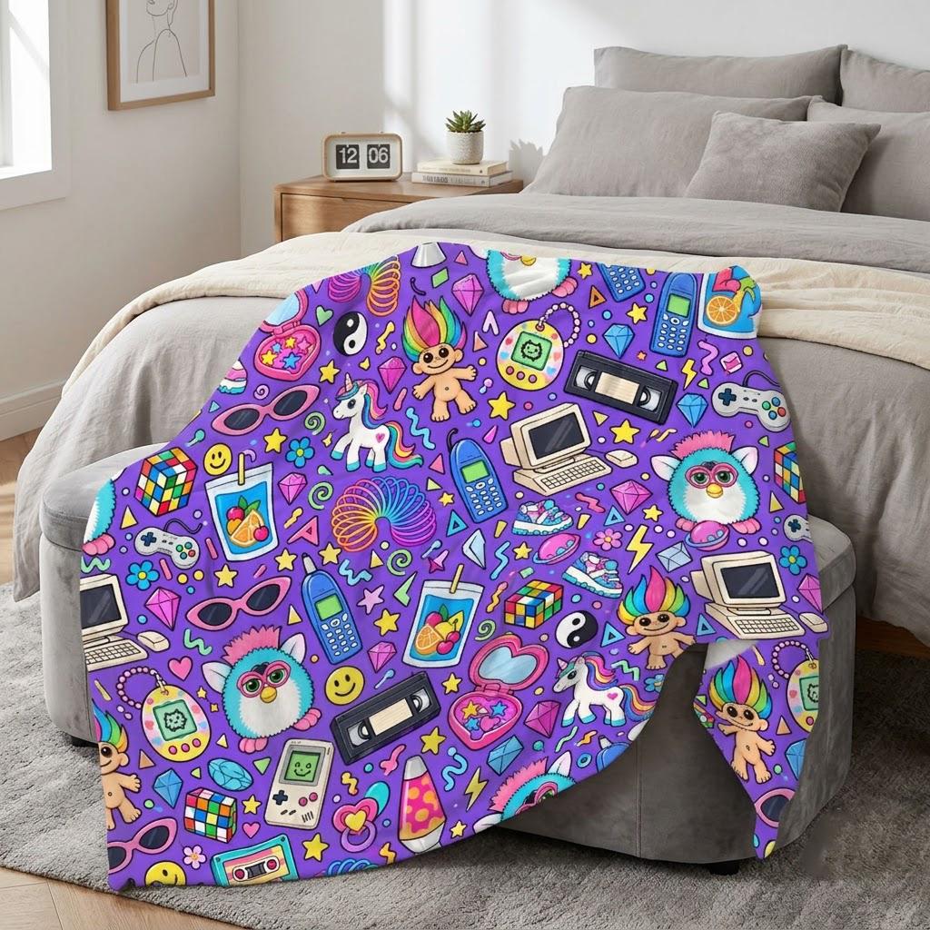 90s Nostalgia Blanket, Retro Y2K Throw Blanket, Furby Tamagotchi Fleece Blanket, 90s Kid Gift, Neon Retro Bedding, Nostalgic Home Decor